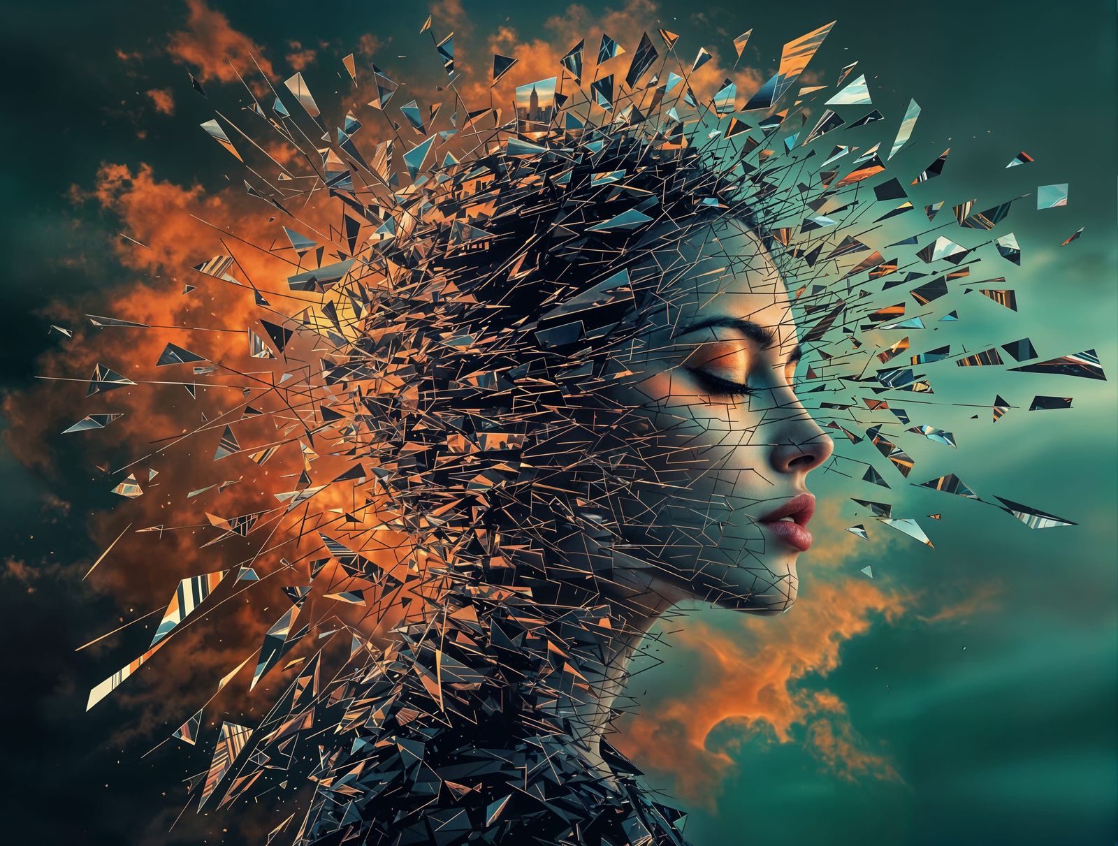 Surreal Digital Art Portrait of a Woman in Profile with Shat...