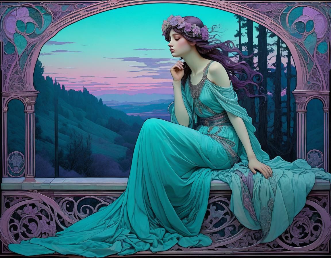 Ethereal Railway in Twilight, Alphonse Mucha Style