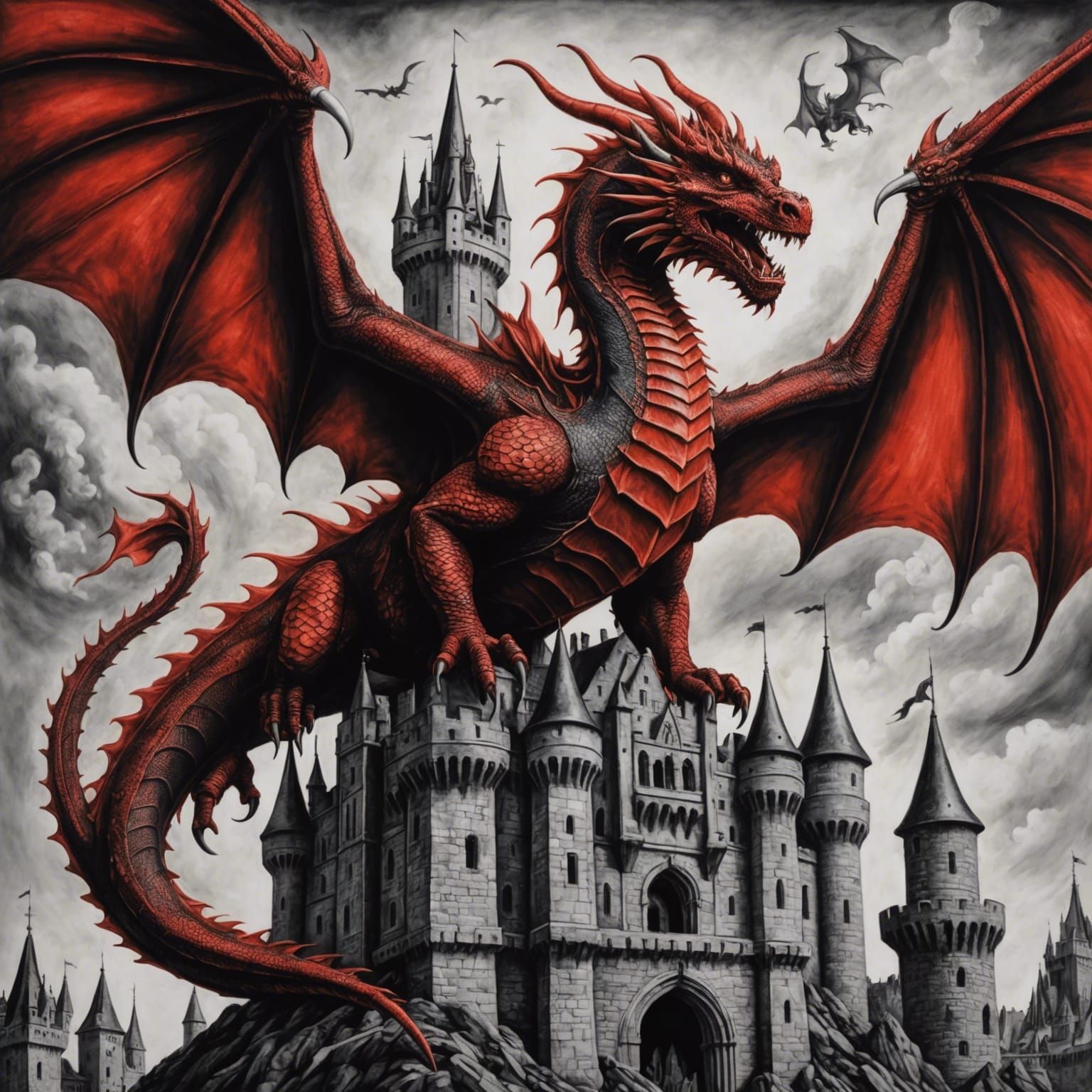 Red Dragon's Rampage: Hyperdetailed Charcoal Art