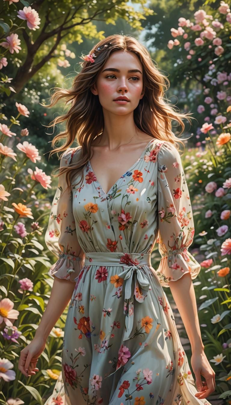 Young Woman Walking Through Lush Garden in Summer Dress