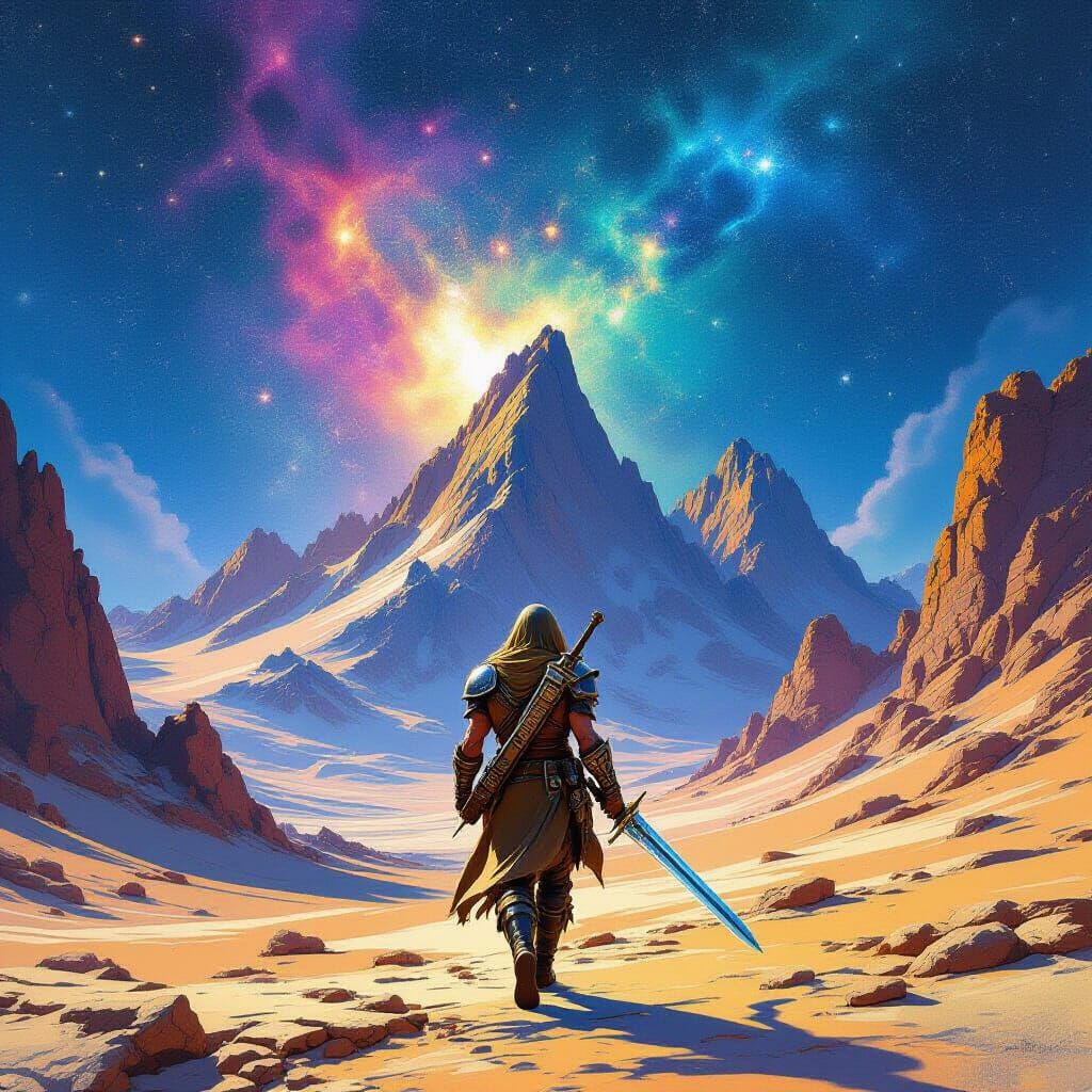 Adventurer Explores Surreal Alien Mountains Under Nebula Sky