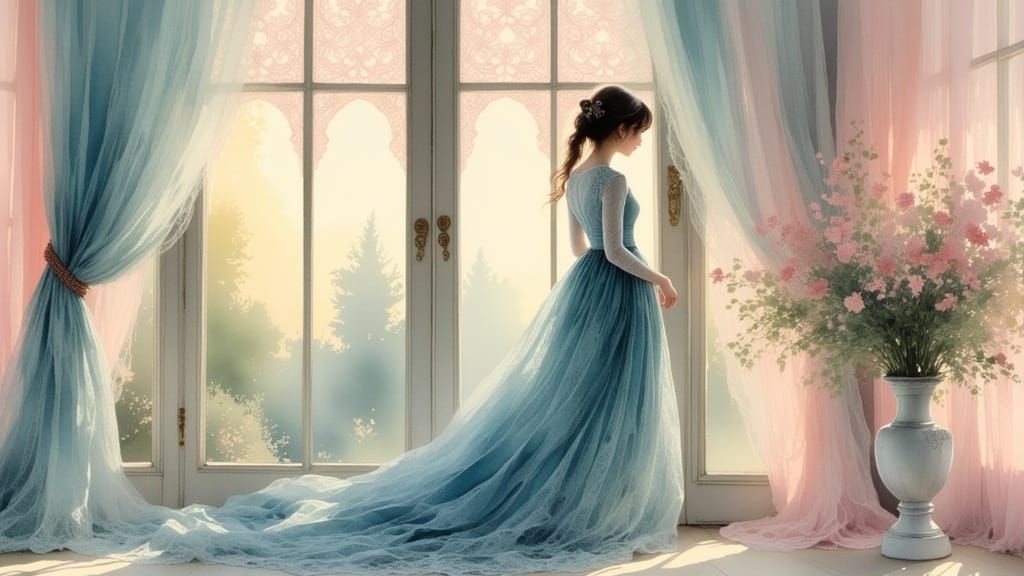 Elegant Woman in Royal Blue Dress Art Nouveau Style