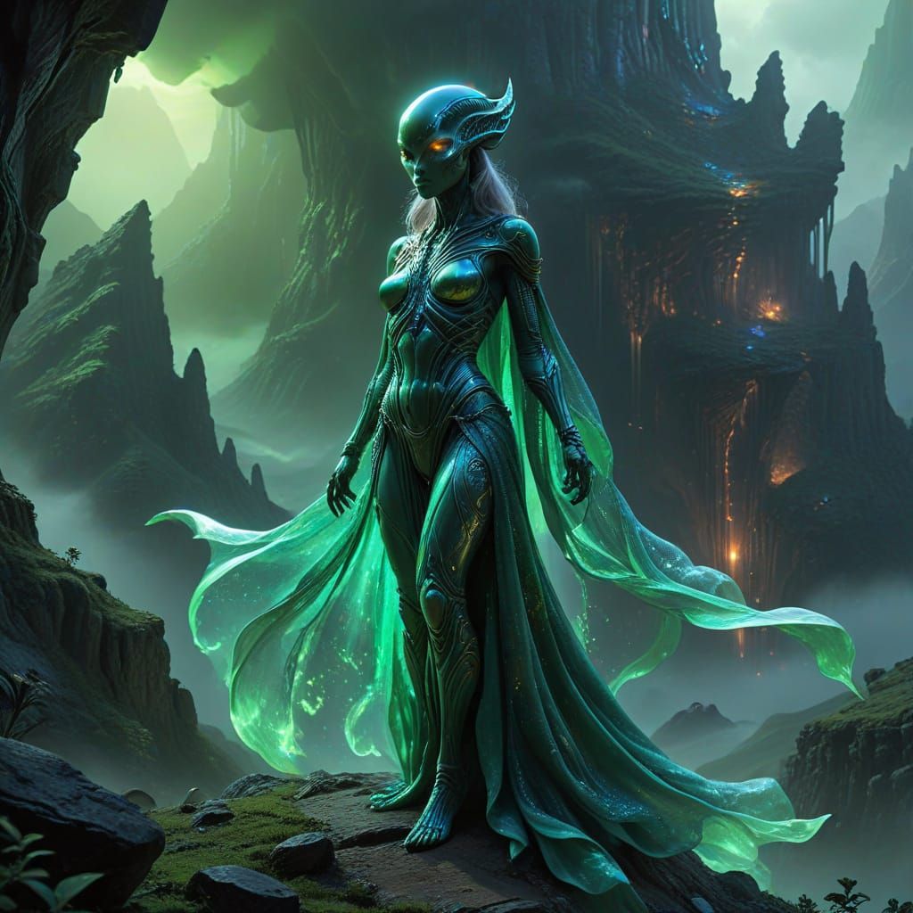 Ethereal Green Alien Goddess in Emerald Mountains