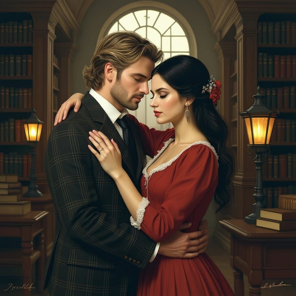 Romantic Couple in Antique Library Oil Painting