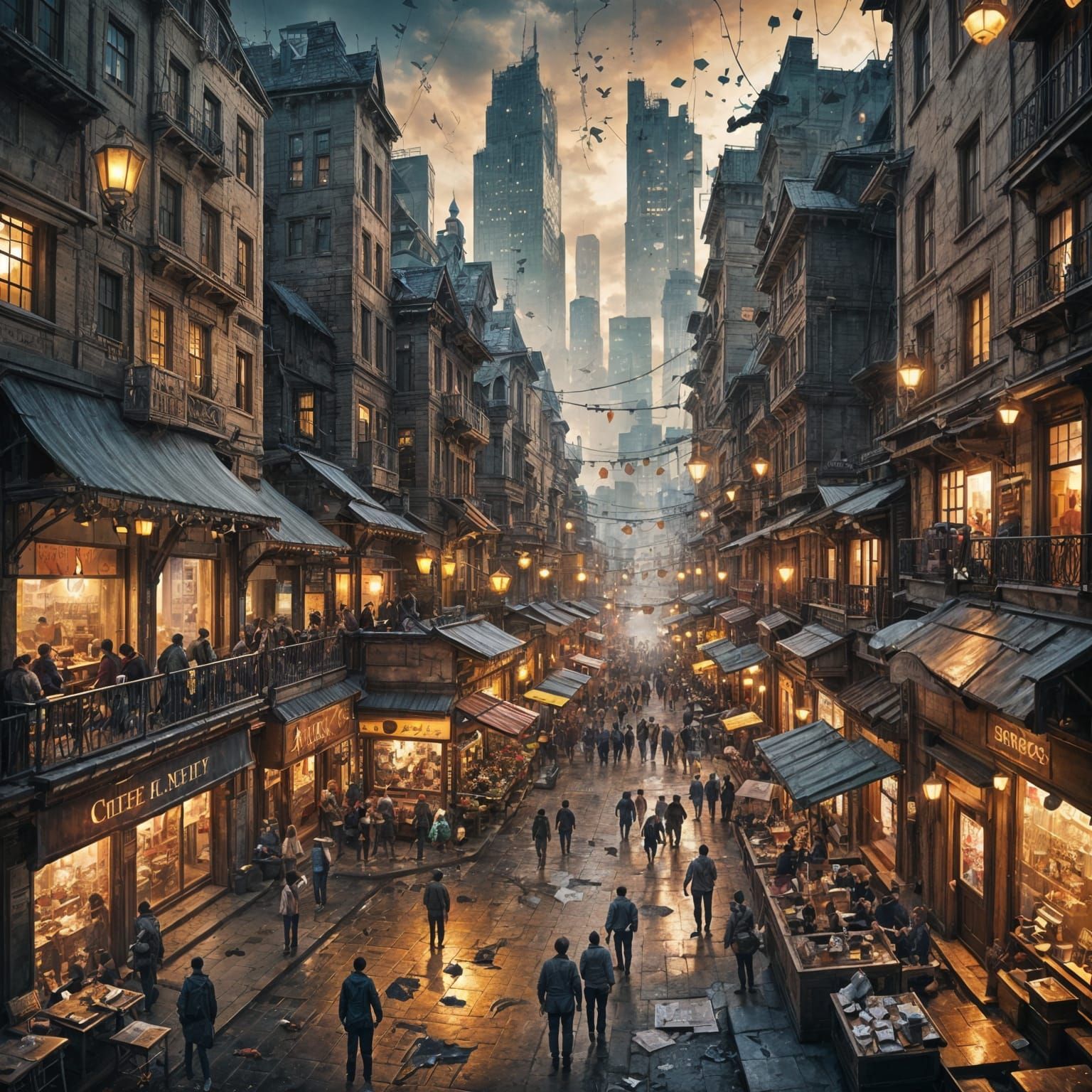 Cityscape with Lights and Silhouettes: Detailed Matte Painti...