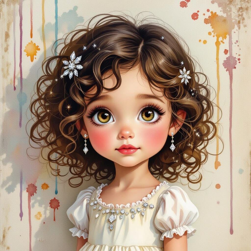 Whimsical Girl with Diamonds in Watercolor Style