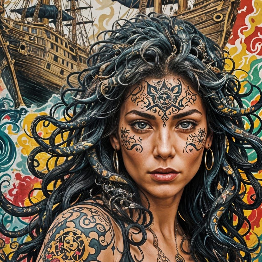 Tattoo Art: Pirate Ship vs Kraken on Woman
