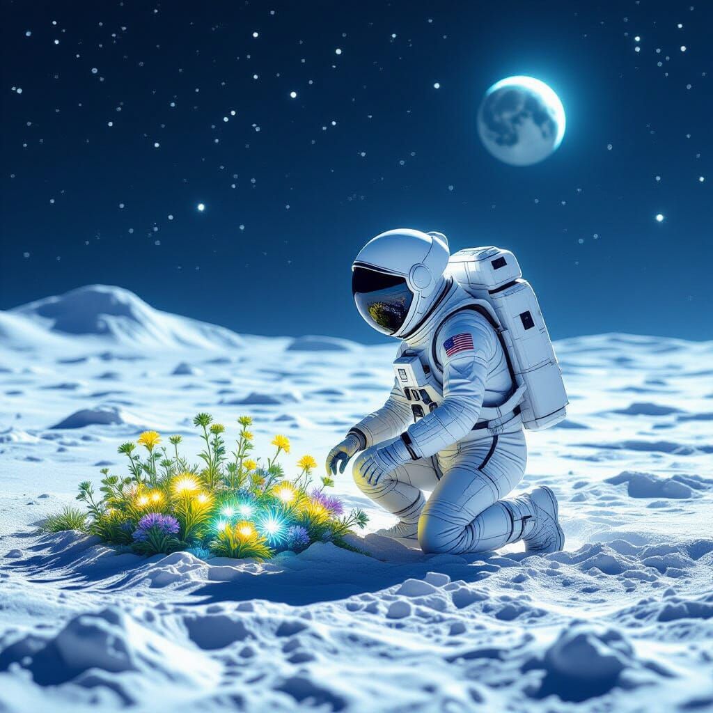 Astronaut Tends Glowing Garden on Alien Moon