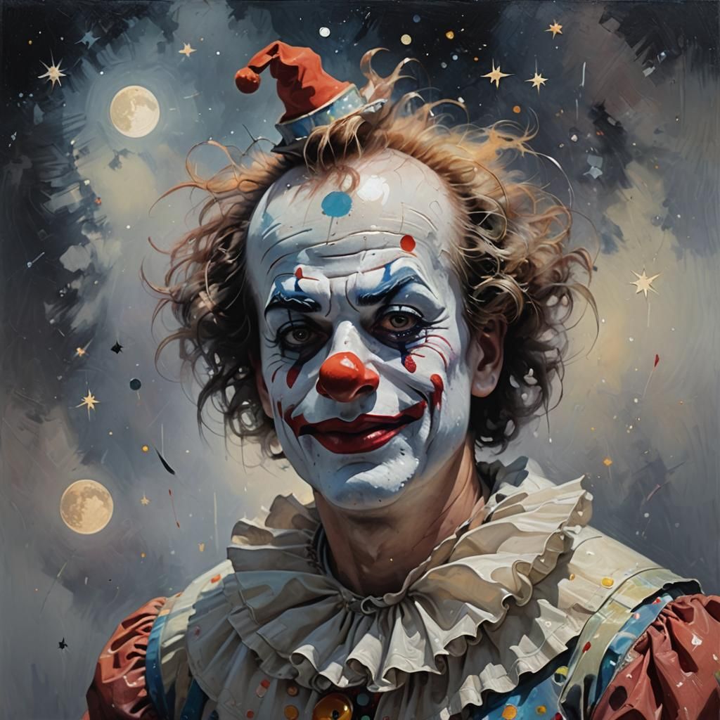 realistic close view clown, moonscape,whimsical,oil painting...