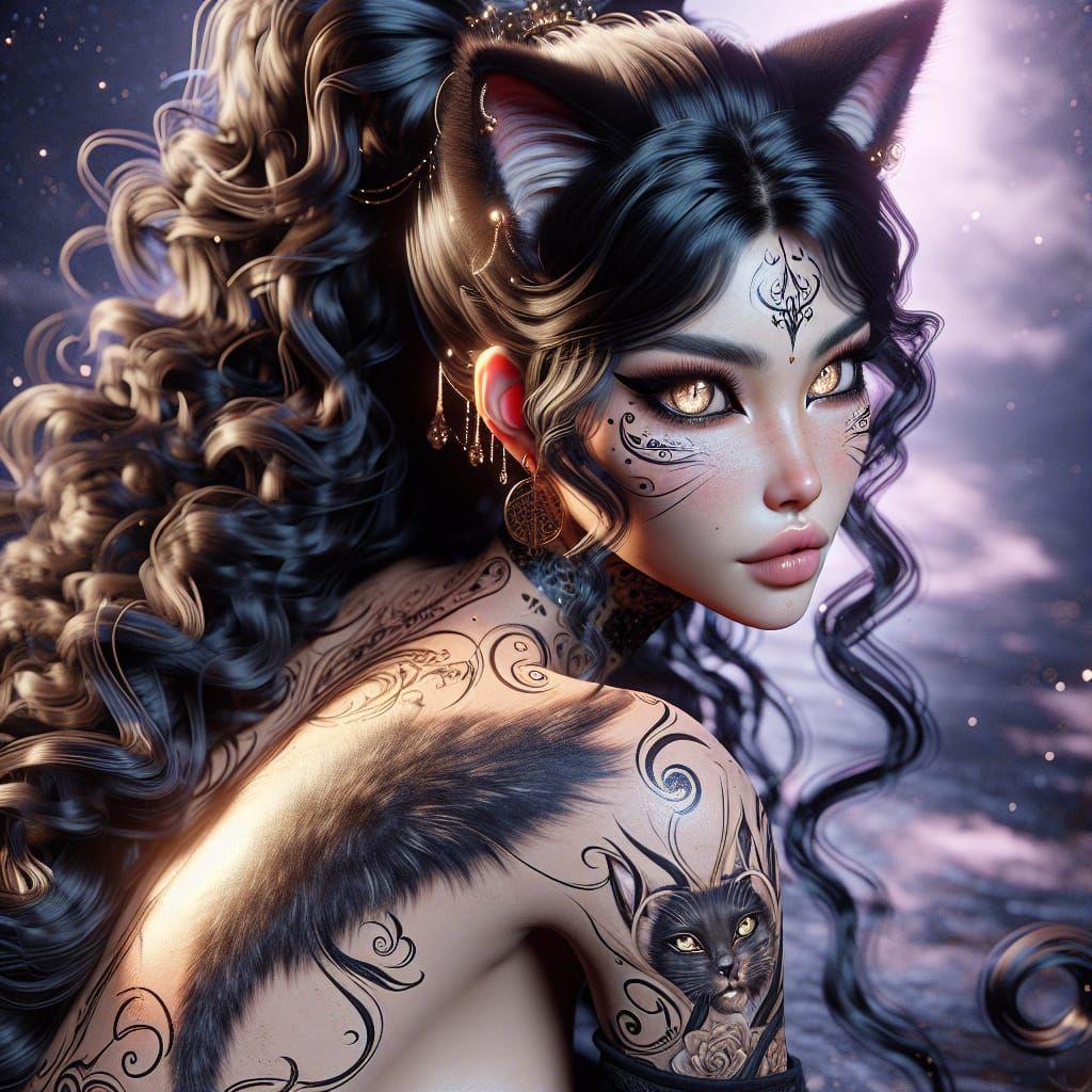 Beautiful Cat Woman with Tattoos in Fantasy Art