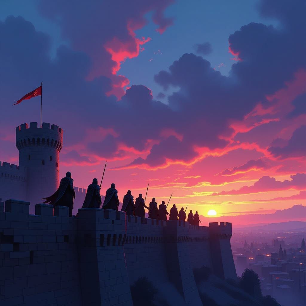 Medieval Warriors on Castle Walls Under Synthwave Sky