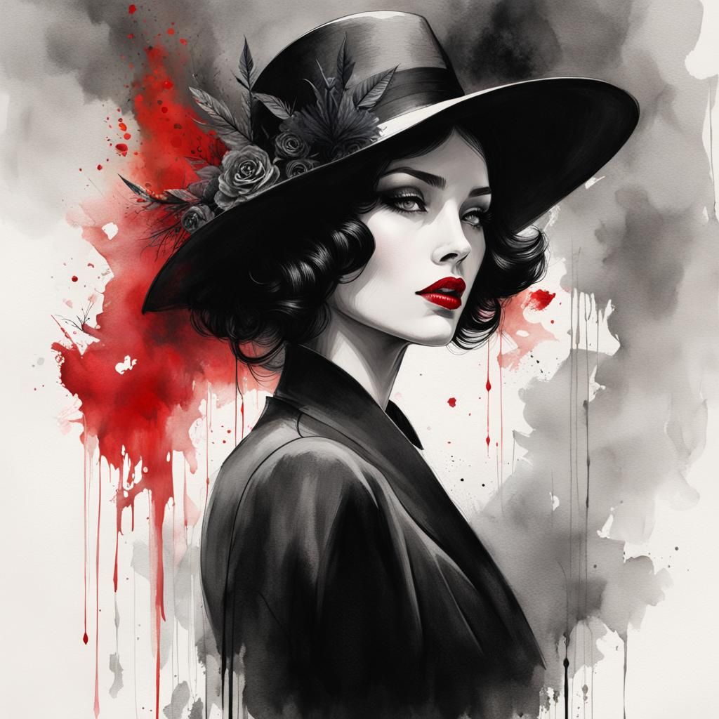 Noir Detective in Monochrome Watercolor with Red Accent