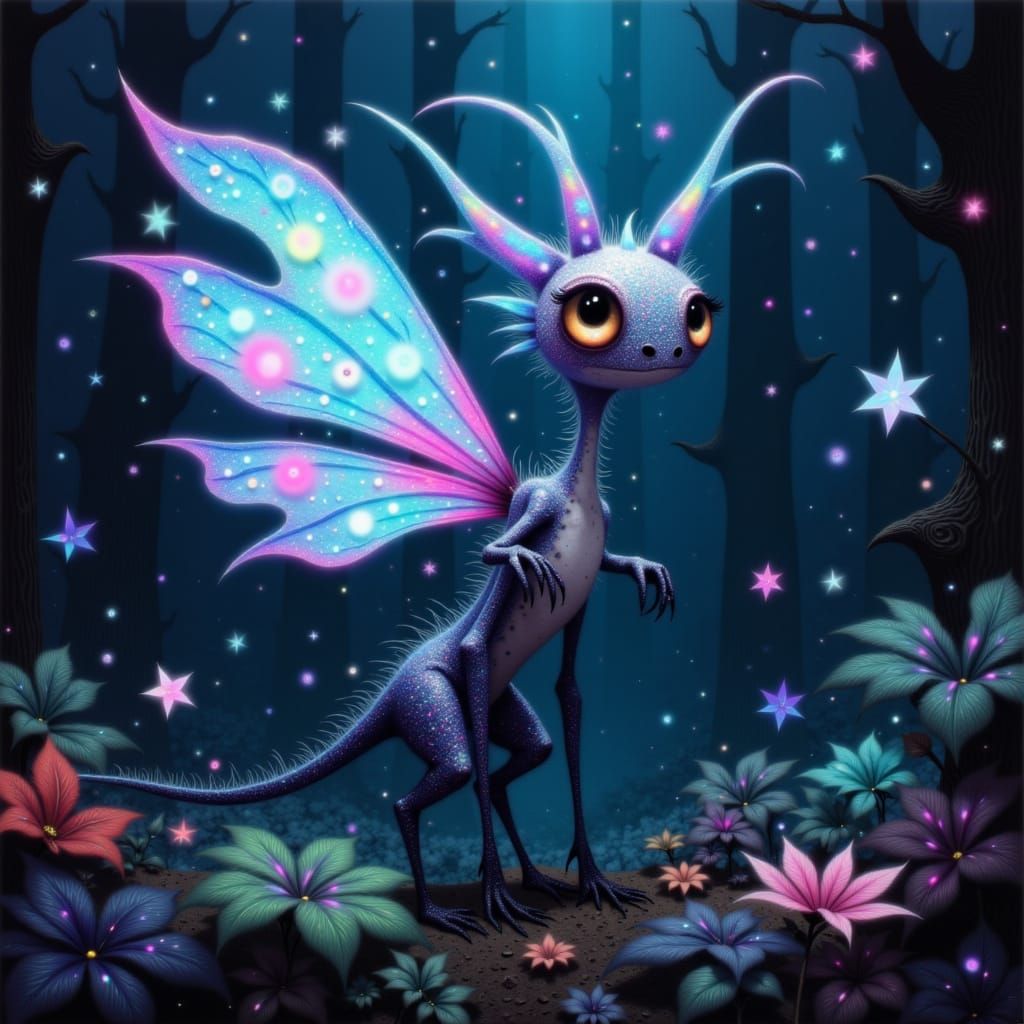 Fantastical Creature in Bioluminescent Forest