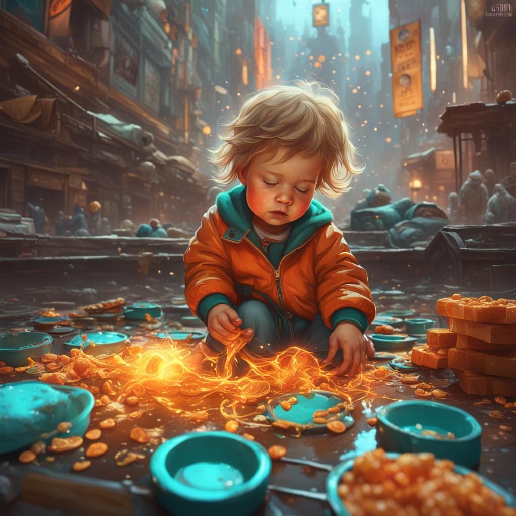 Hyperdetailed Baby Hotline Concept Art in Orange and Teal