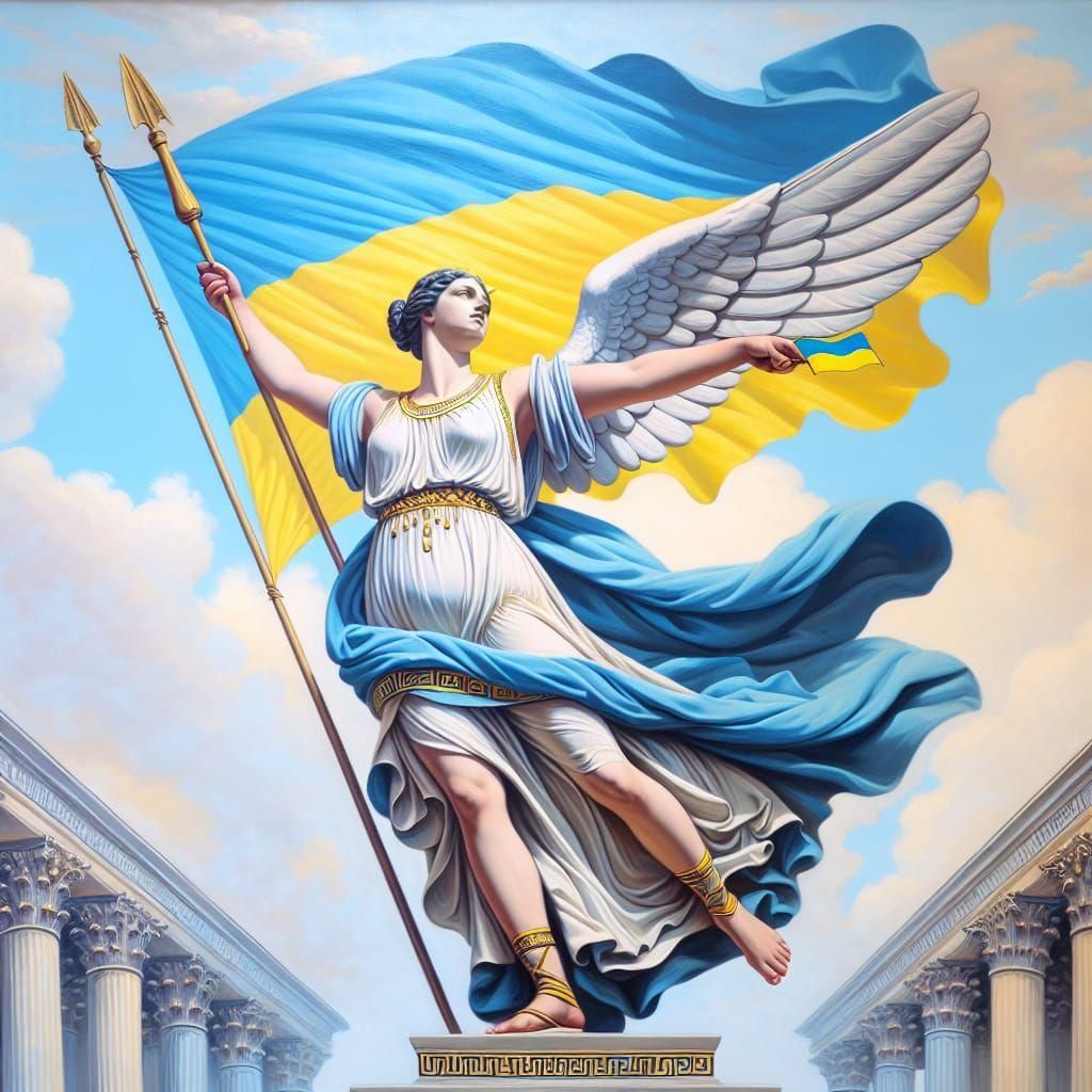 Nike, Goddess of Victory, Holds Ukrainian Flag