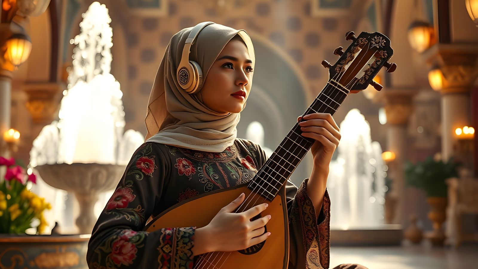 Elegant Girl in Traditional Arabic Attire, Lost in Oud Music