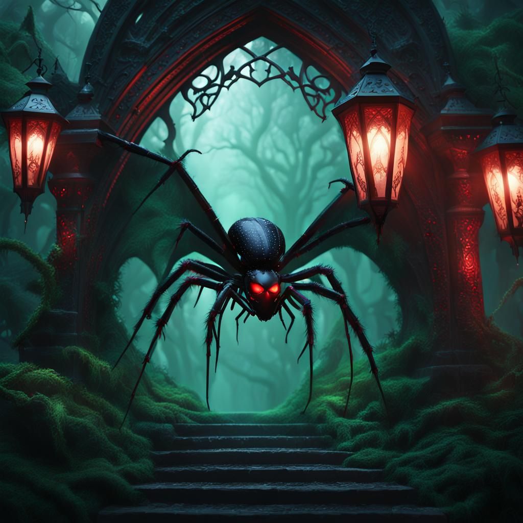 Black Widow Spider Dragon in Mystical Forest