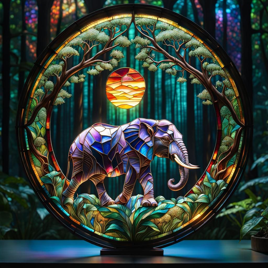 Stained Glass Elephant in Fantasy Forest
