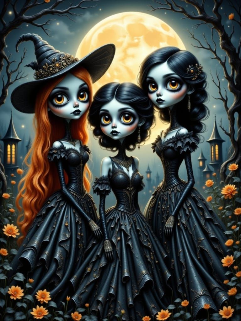 Three Whimsical Witches with Large Eyes in Flowing Dresses