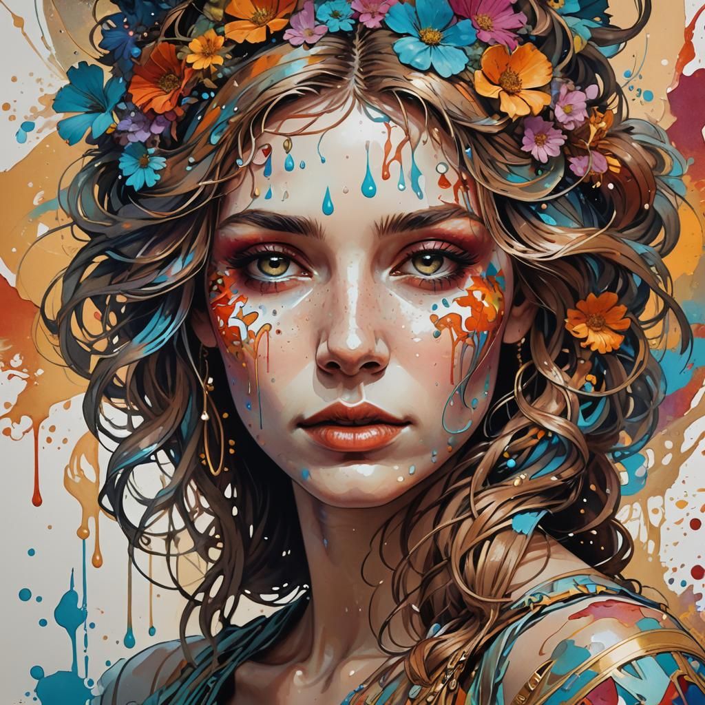 Girl with Paint Splash: Art Nouveau Illustration