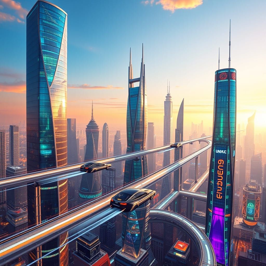 Futuristic Metropolis in Hyperrealistic Glass and Neon
