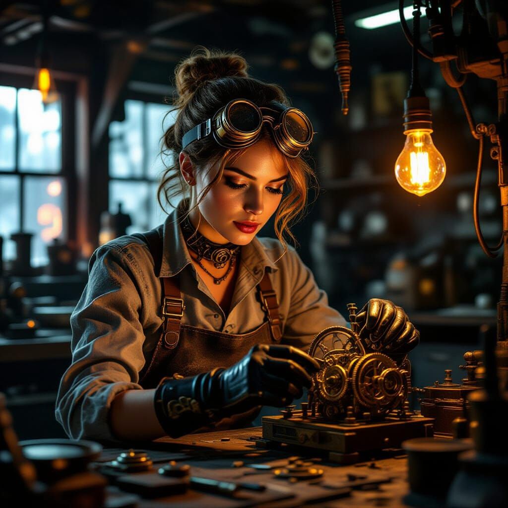 Steampunk Mechanic in a Clockwork Workshop