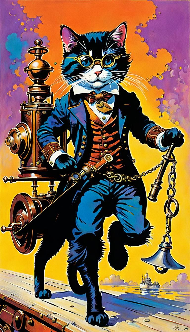 Steampunk Cat Pulling Lever in Victorian Style
