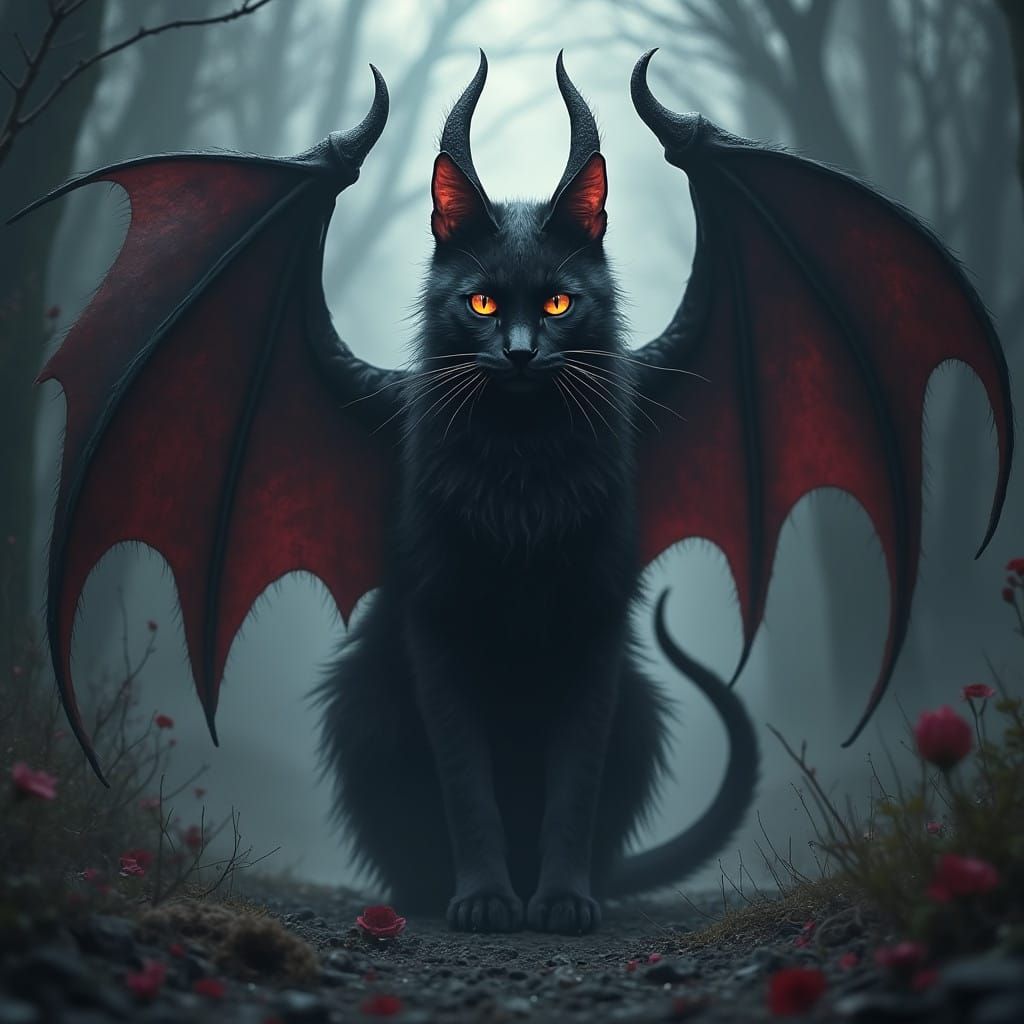 Ethereal Dark Fantasy Feline Demon with Wings