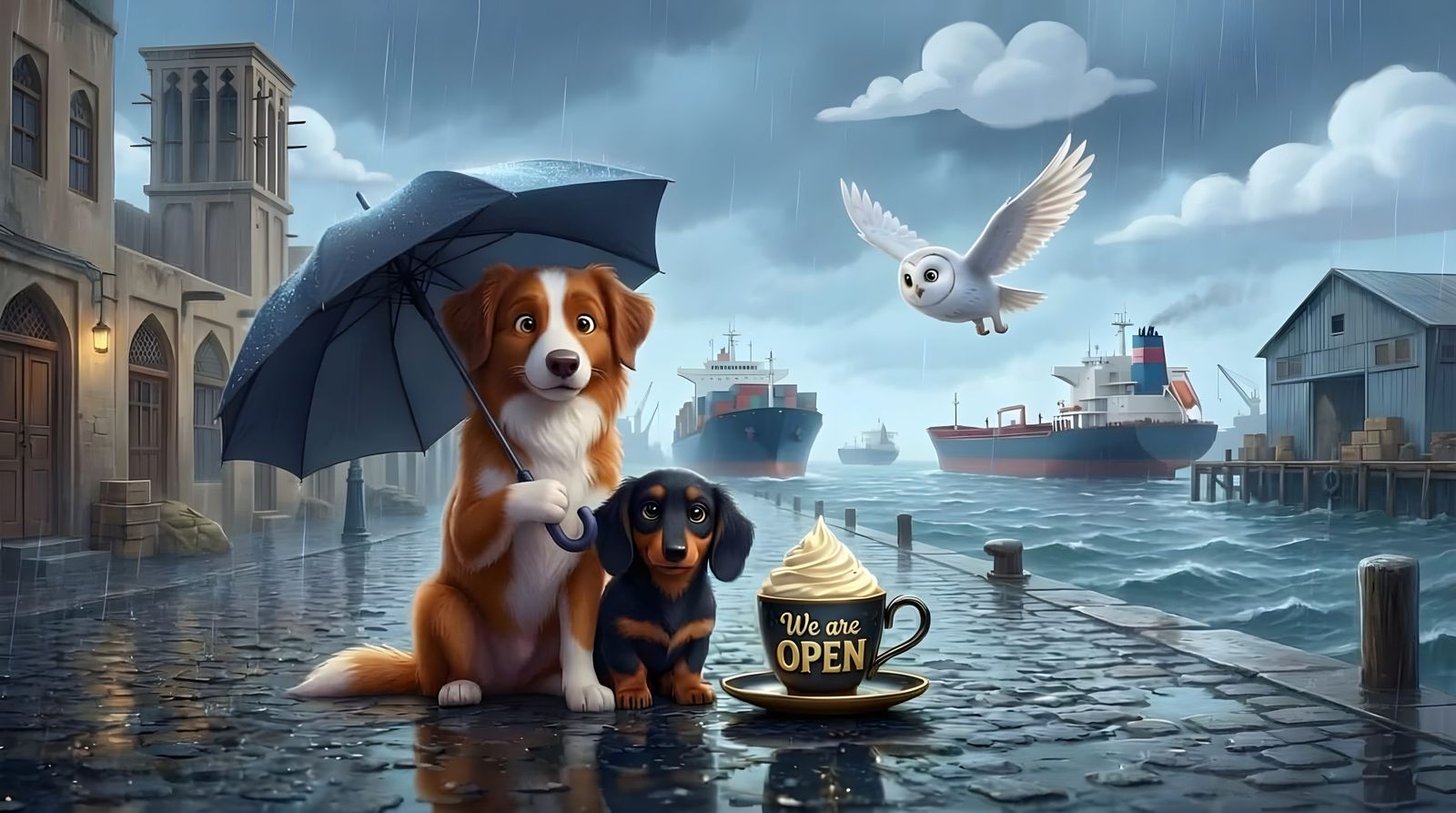 Dark Fantasy Puppies on Cobblestone Street