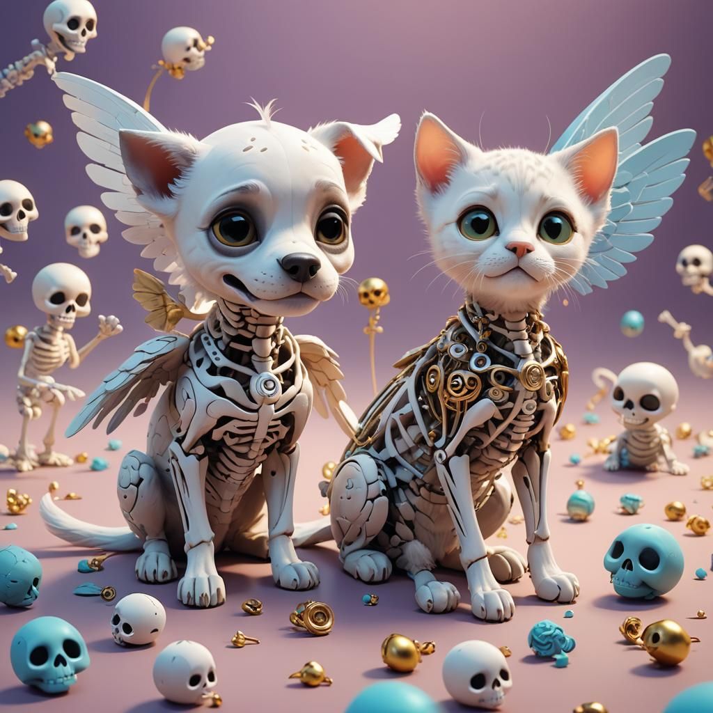 Adorable Angel Puppy and Kitten Skeletons: 3D Digital Art