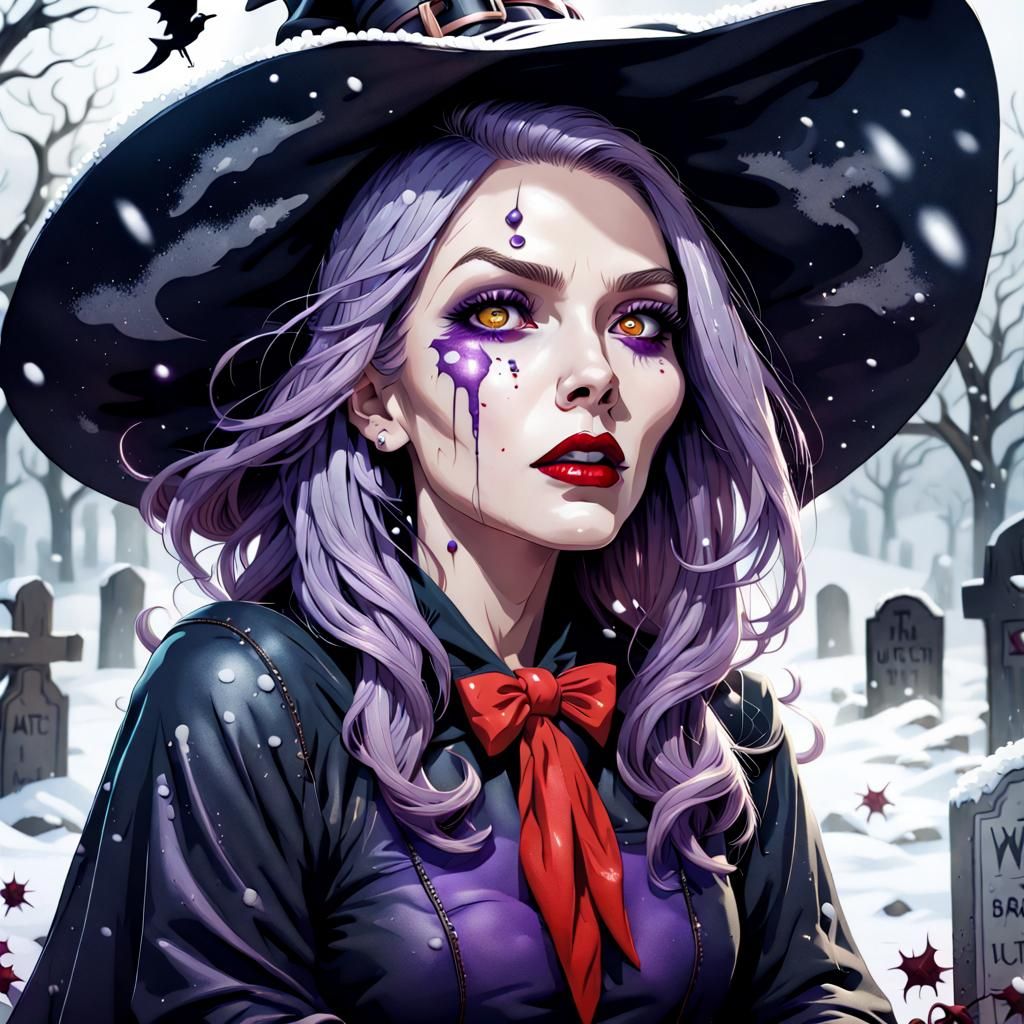 Creepy Attractive Witch in Snowy Graveyard Splash Art