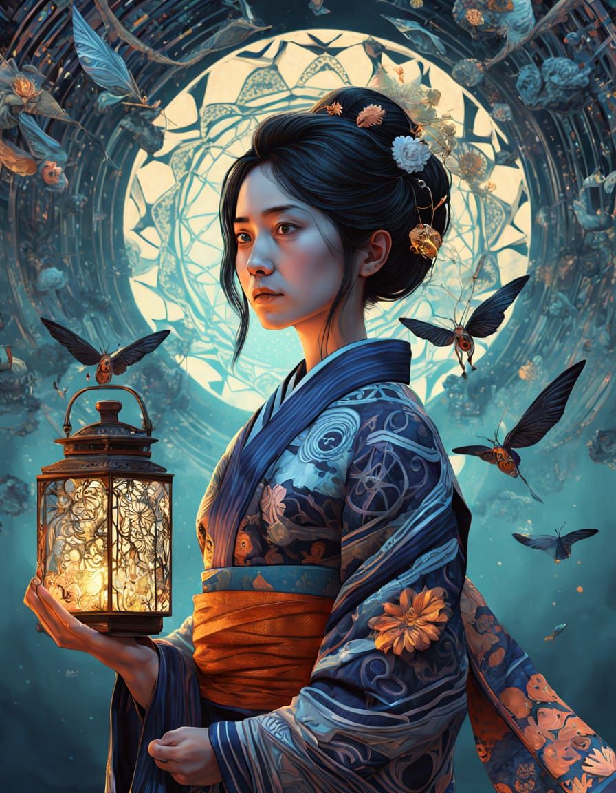 Woman in Yukata Holds Firefly Cage with Skeleton Shadow