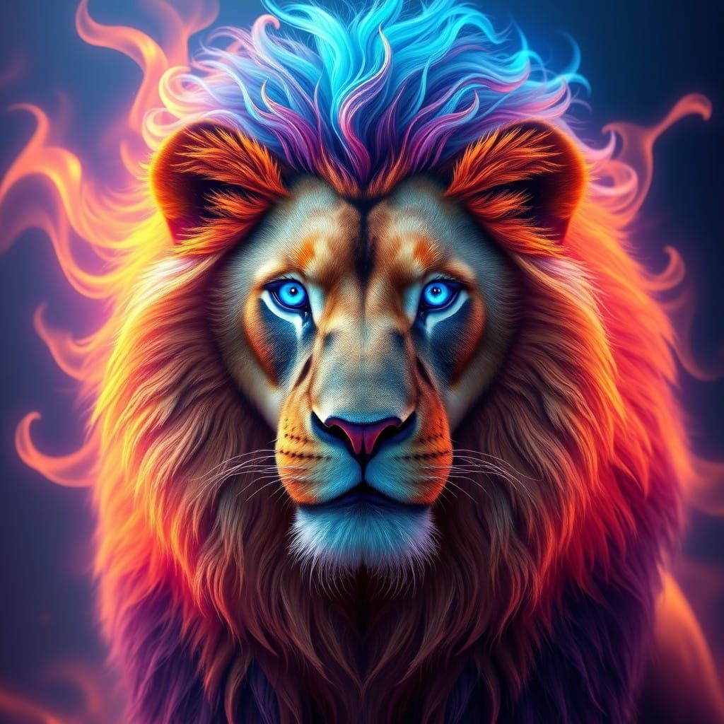 Regal Lion with Vibrant Blue Mane and Ethereal Eyes