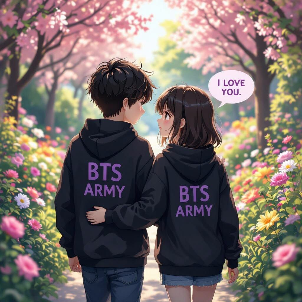 Cute Couple in BTS ARMY Hoodies in Blooming Garden