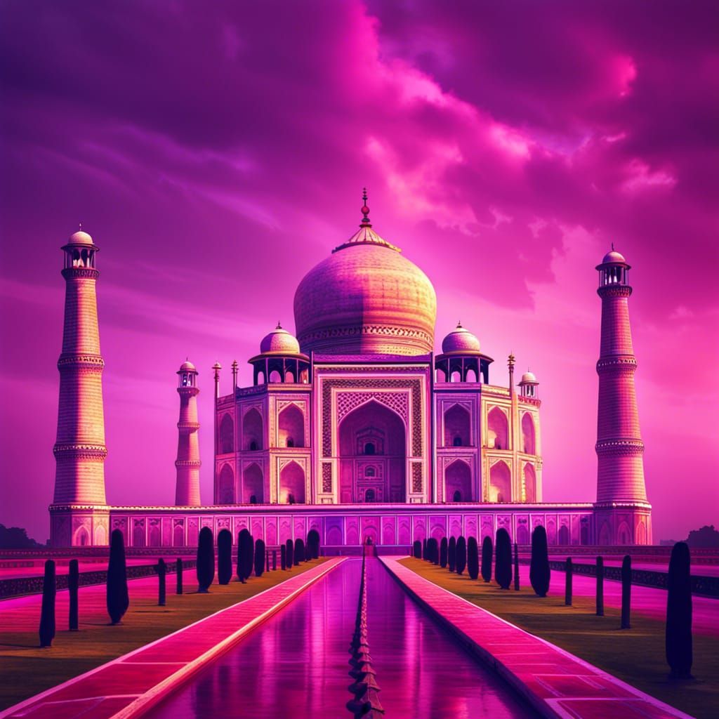 Taj Mahal at Sunset: Hyperrealistic Pink and Purple Hues