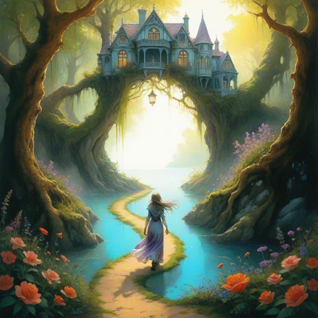Enchanted Forest Path Leads to Victorian Mansion Amidst Bloo...