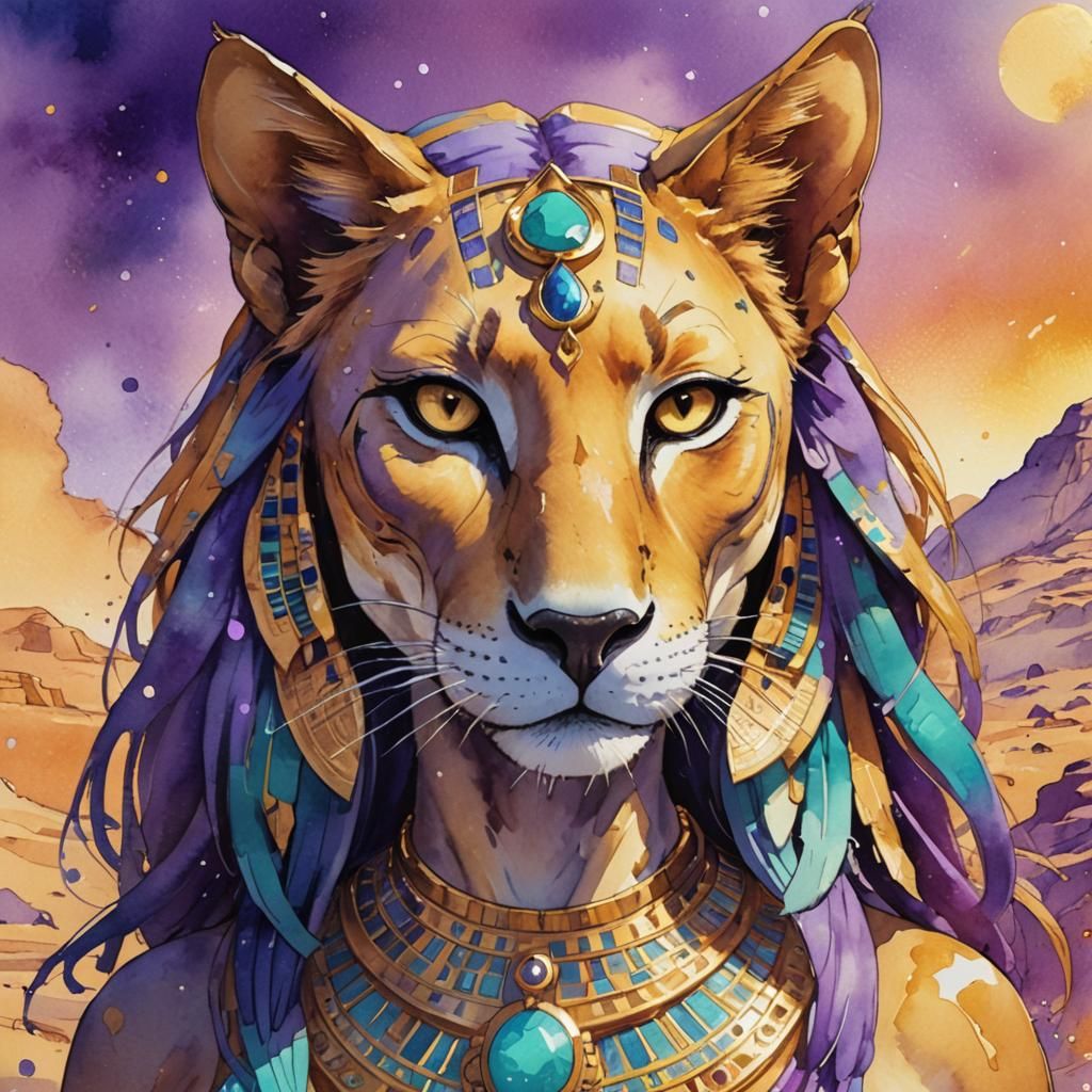 Sekhmet: Egyptian Goddess in Watercolor Anime Style