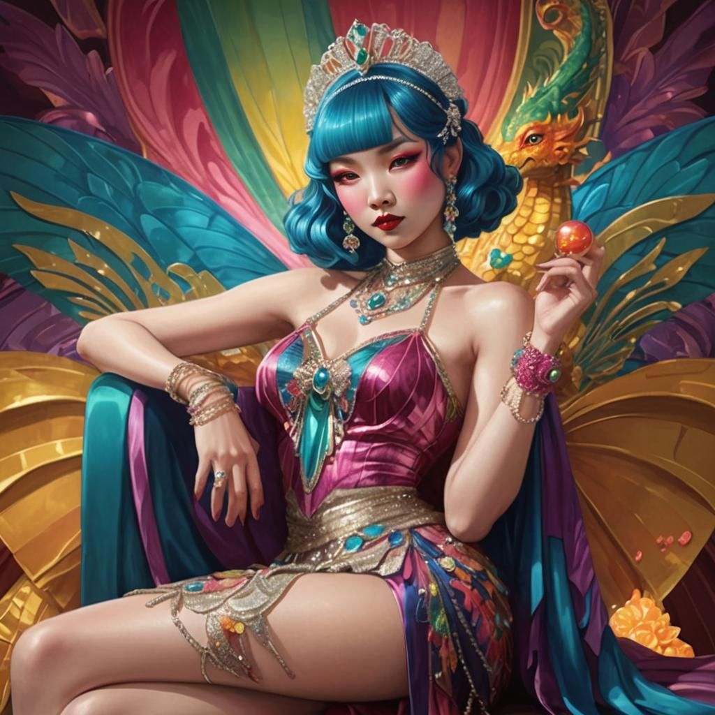 Art Deco Dragon Burlesque Woman in Flapper Gown