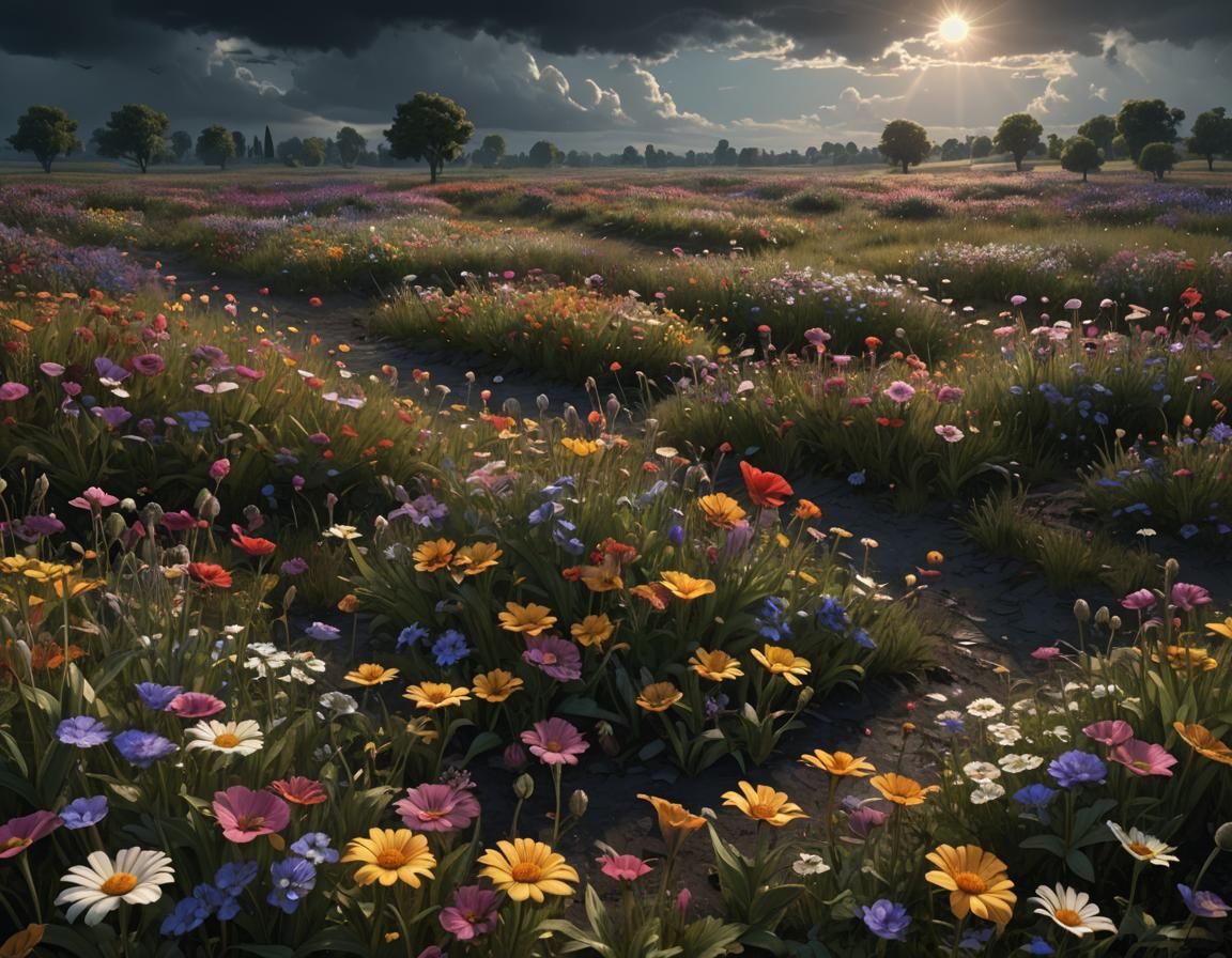 Dark Fantasy Flower Field After Storm, Dynamic Lighting