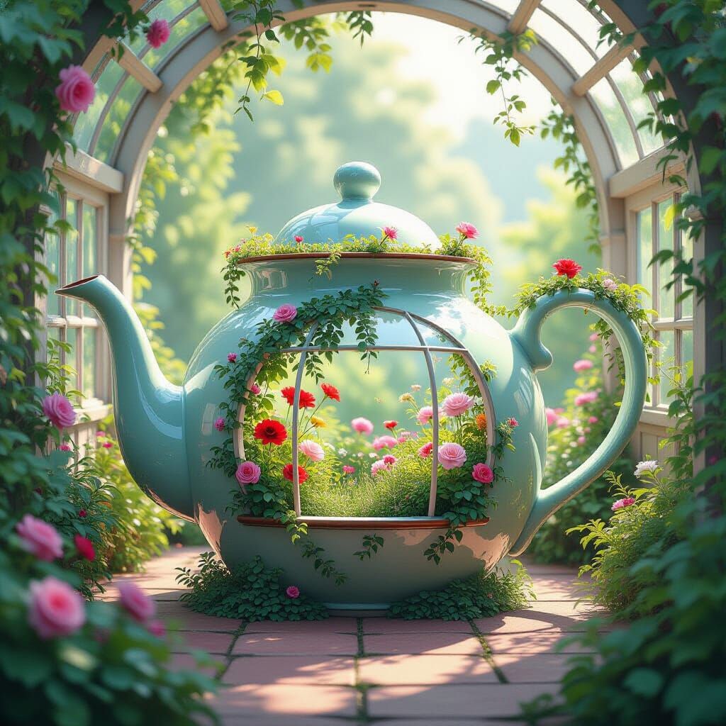 Whimsical Teapot Greenhouse in Soft Pastel Tones