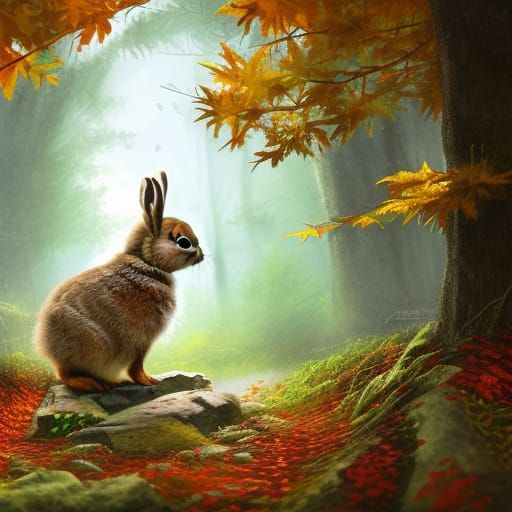 Cute Baby Bunny in Solarpunk Autumn Forest