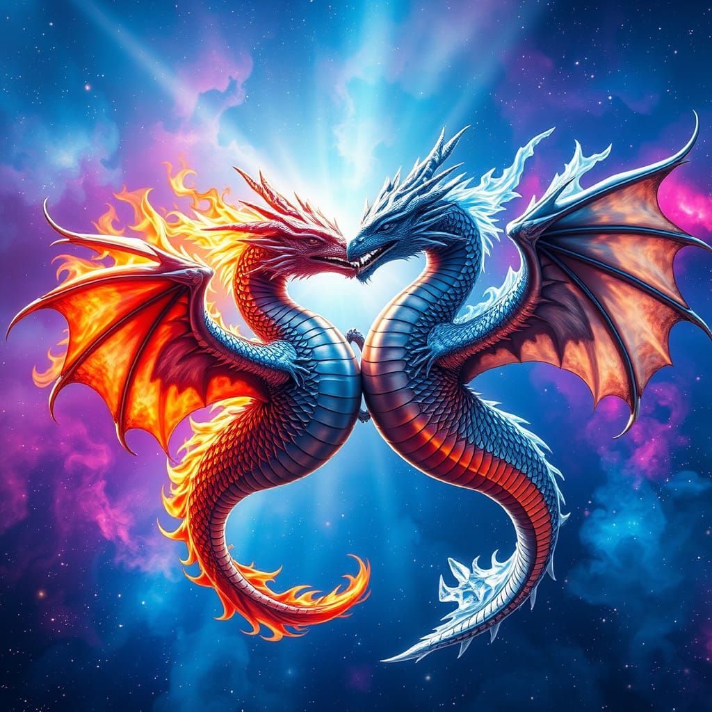 Majestic Elemental Dragons Form Heart Shape in Hyperealistic...