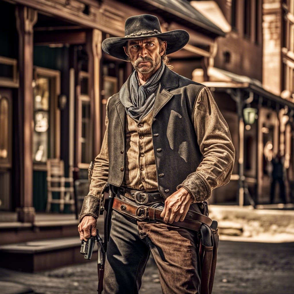 Angry Cowboy with Revolver in Old West Town