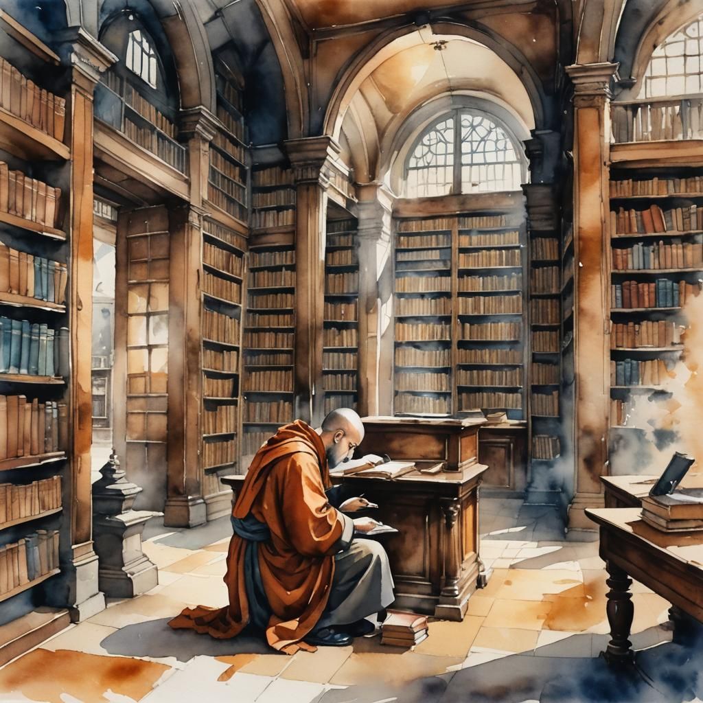 Monk Studying in Ancient Library, Watercolor Style