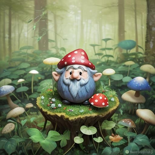 Gnome in Forest, Whimsical Watercolor Illustration