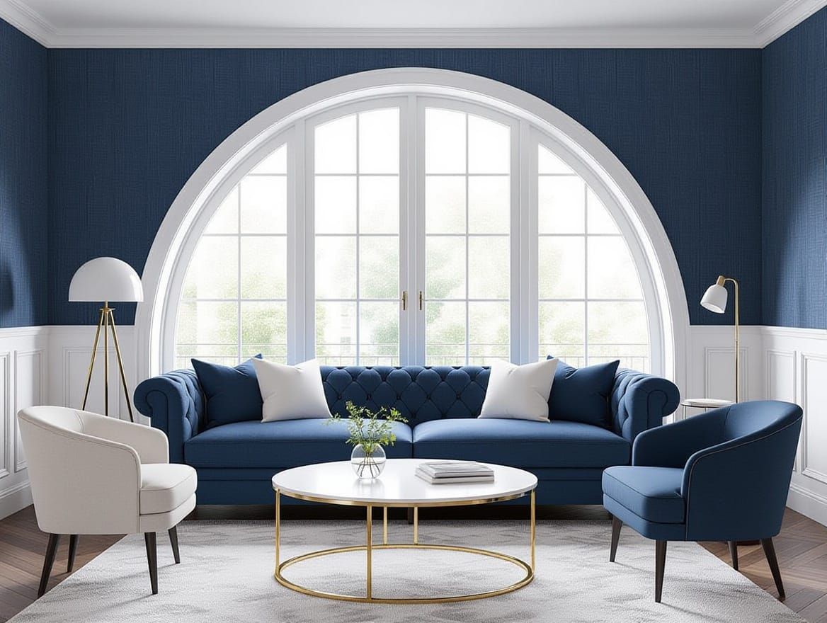 Vague Says 3D Flocked Denim Periwinkle Navy Wallpaper, Crisp White Woodwork & Black Faux Fur