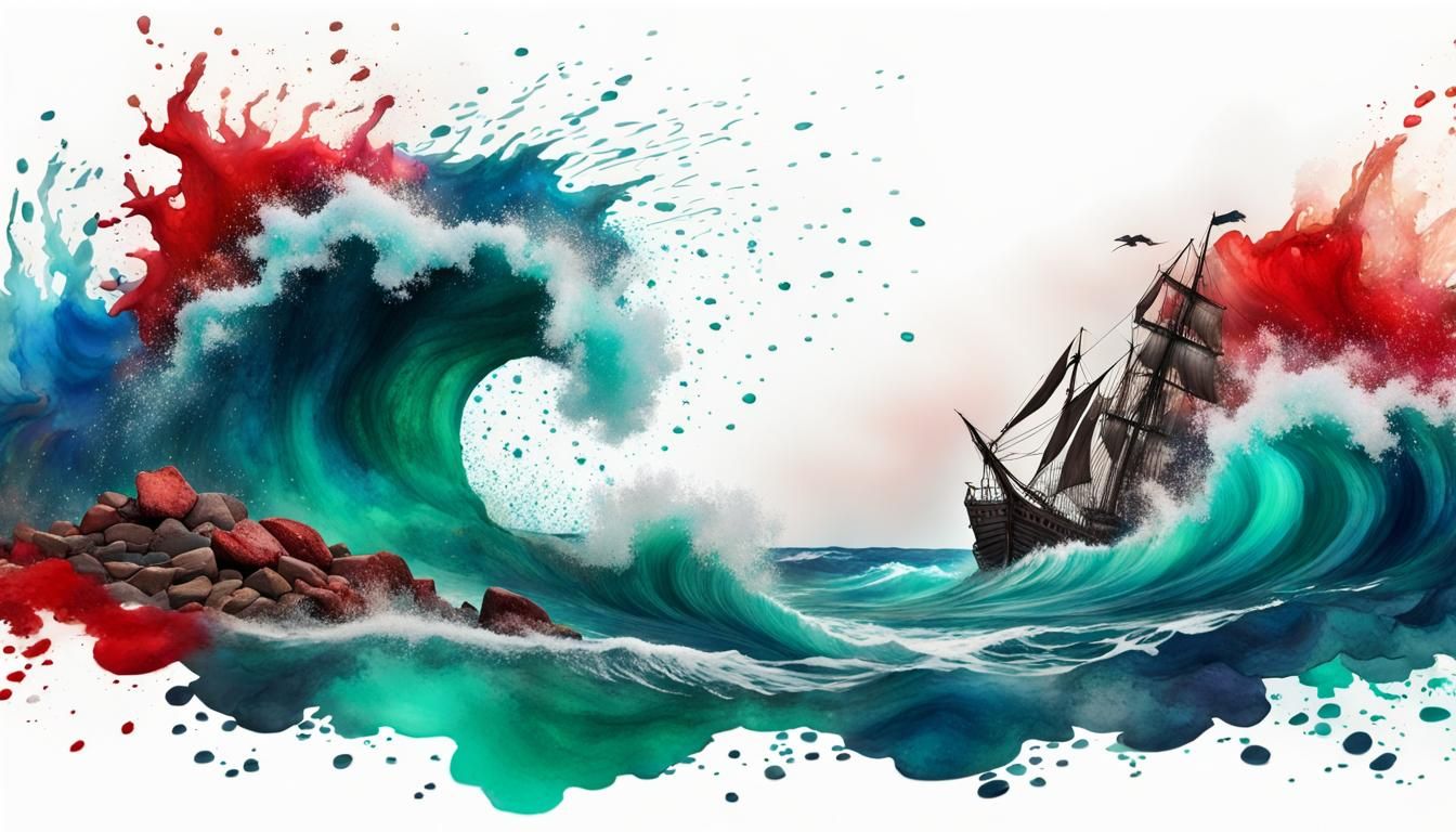 Dreamlike Ink Splatter Waves and Shipwreck Beaches
