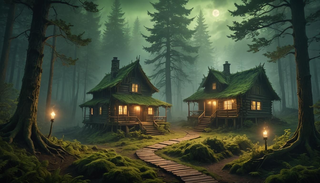 Ethereal Cabin in Fog, Lit by Mysterious Green Torches