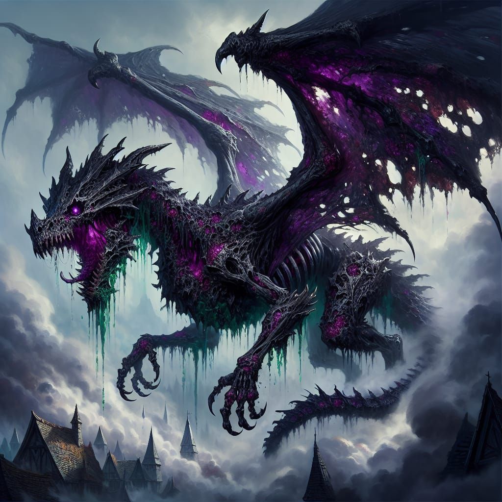 Decaying Undead Dragon Soaring Over Foggy Village