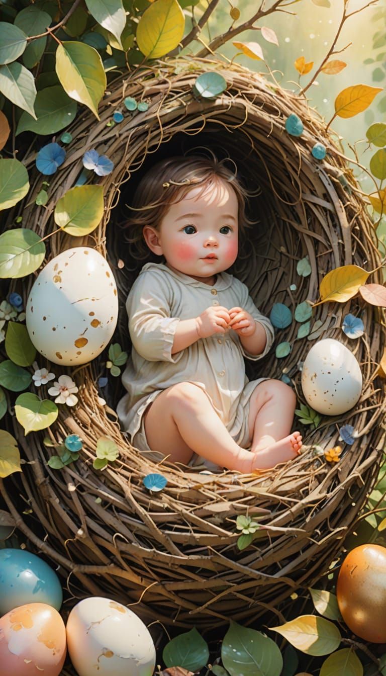 Whimsical Ghibli-Inspired Baby Girl Emerging from Egg in Bir...